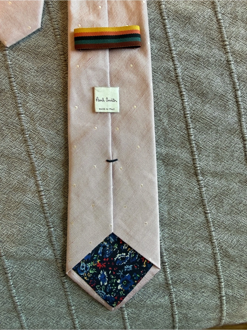 Paul Smith Pale Pink Silk Tie with Floral Tip and Striped Keeper